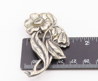 925 Sterling Silver  Vintage Etched Blooming Flowers Motif Brooch Pin  BP3225