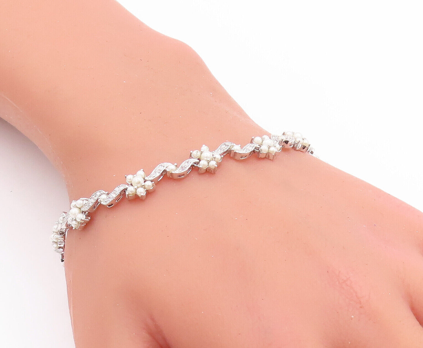 925 Sterling Silver Vintage Bracelet Cutout Pearls & CZ Inlay Flowers  BT10634