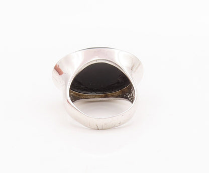 925 Sterling Silver Vintage Ring Solid Large Oval Cabochon Onyx  Sz 10  RG28476