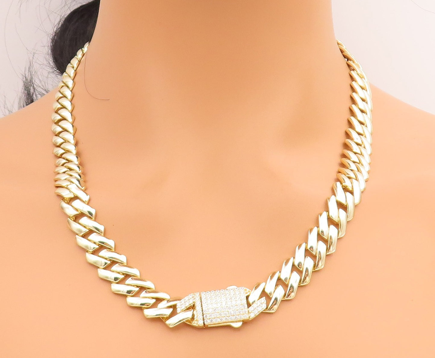 925 Sterling Silver Vintage Necklace Gold Plated CZ Chunky Cuban Link  NE4716
