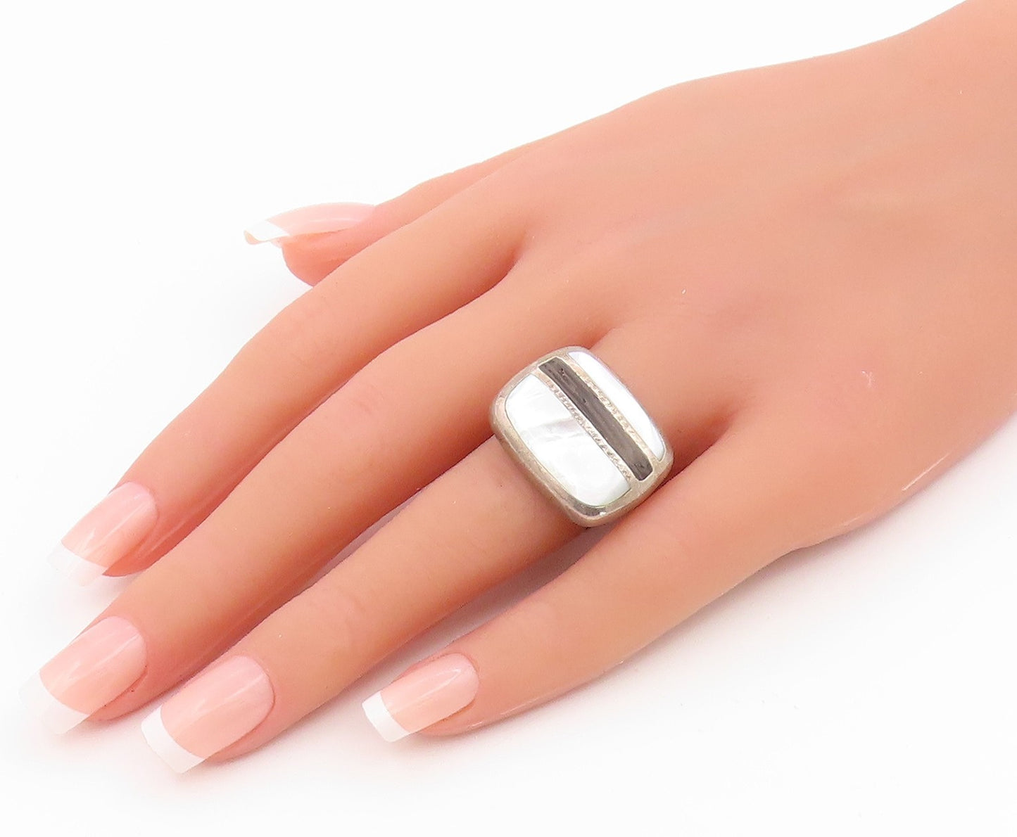 925 Sterling Silver Vintage Ring Mother Of Pearl Geometric Band  Sz 6  RG35337