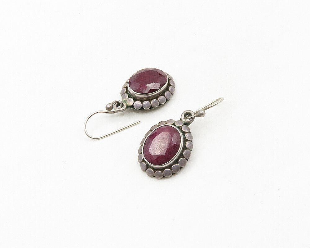 SAMUEL BENHAM 925 Silver  Vintage Ruby Circle Pattern Dangle Earrings  EG9135