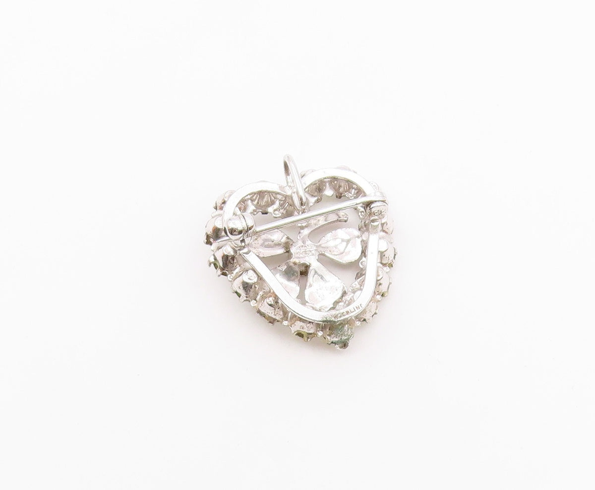 CARL ART 925 Silver  Vintage Cubic Zirconia Clover Heart Brooch Pin  BP7980