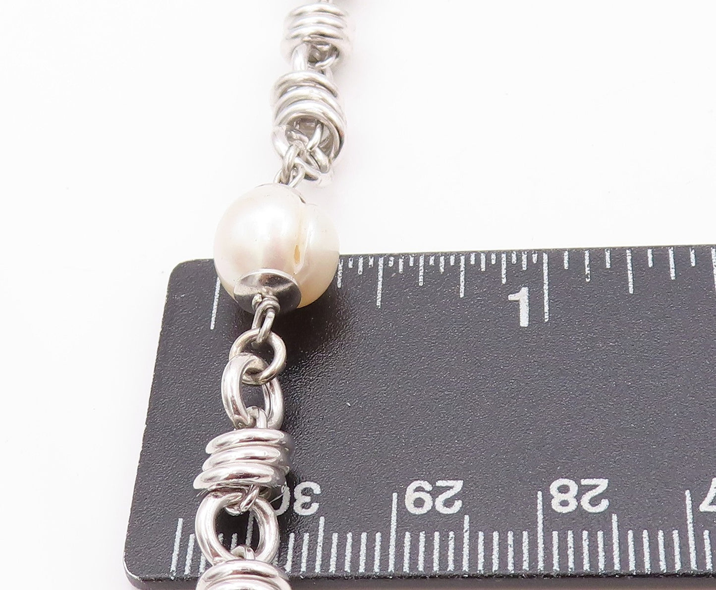 925 Sterling Silver Vintage Necklace Modernist Ring Chain Pearls Linked  NE4562