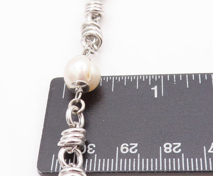 925 Sterling Silver Vintage Necklace Modernist Ring Chain Pearls Linked  NE4562