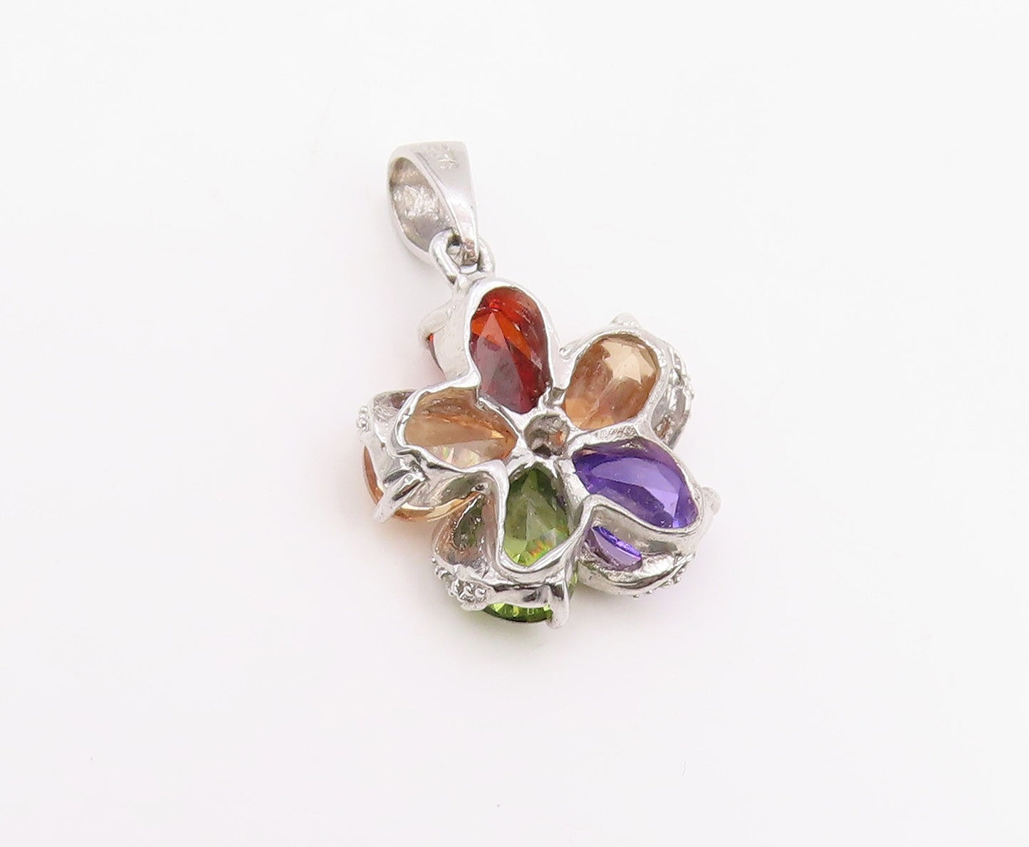 925 Sterling Silver Vintage Pendant Multi Gemstone Elegant Floral Charm  PT25969