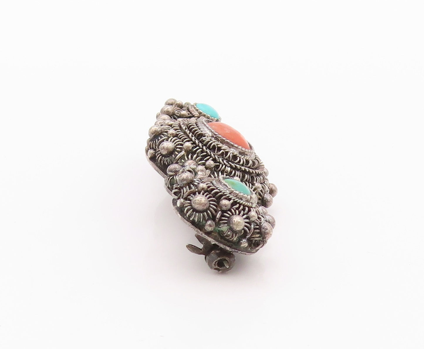 925 Sterling Silver Vintage Brooch CHINESE EXPORT Turquoise Flowers  BP11578