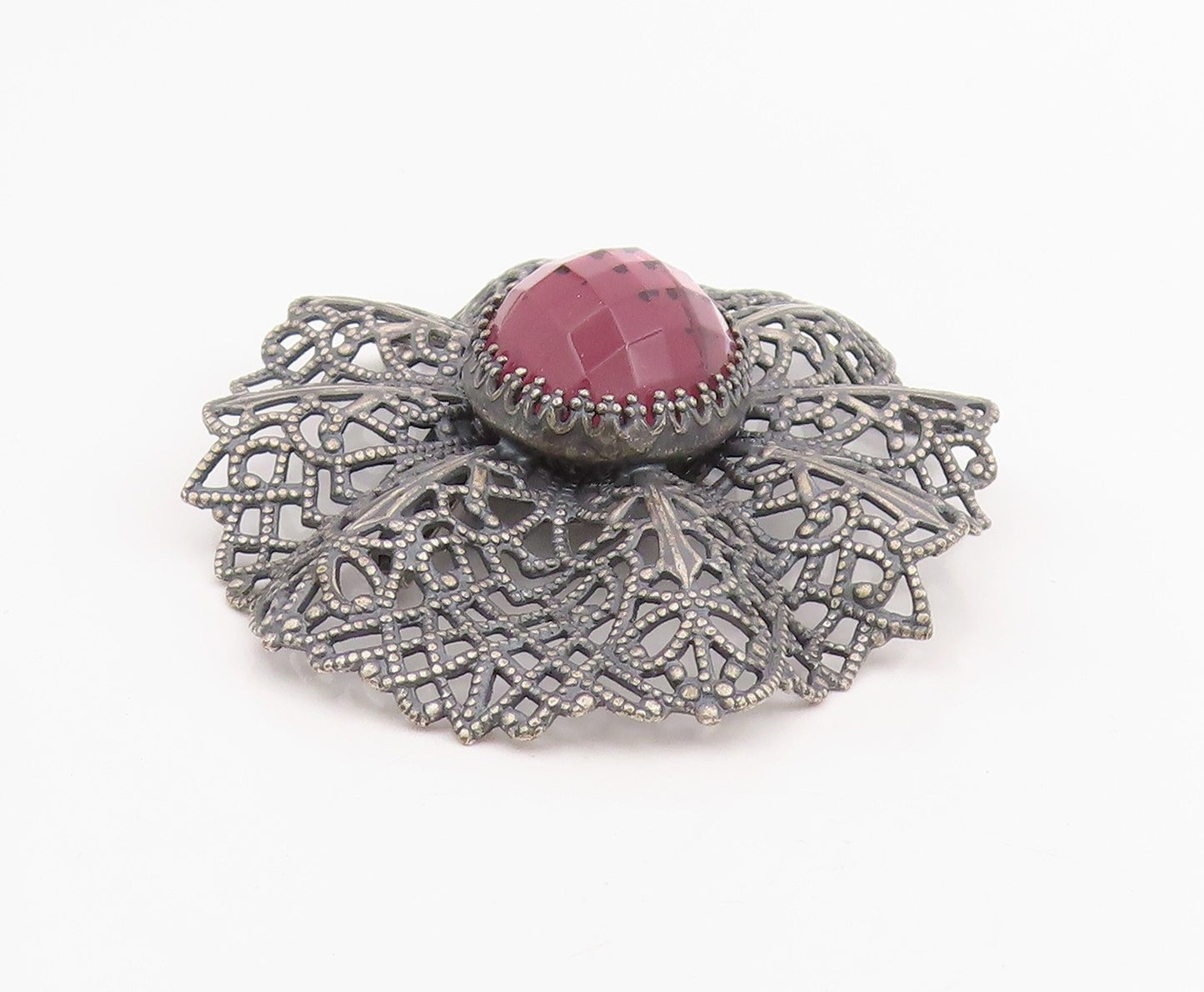 925 Sterling Silver Vintage Brooch Faceted Pink Topaz Openwork Petal  BP12096