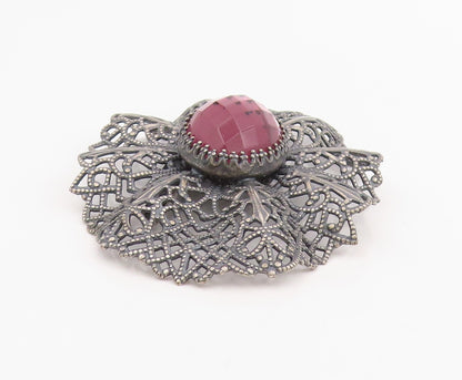 925 Sterling Silver Vintage Brooch Faceted Pink Topaz Openwork Petal  BP12096