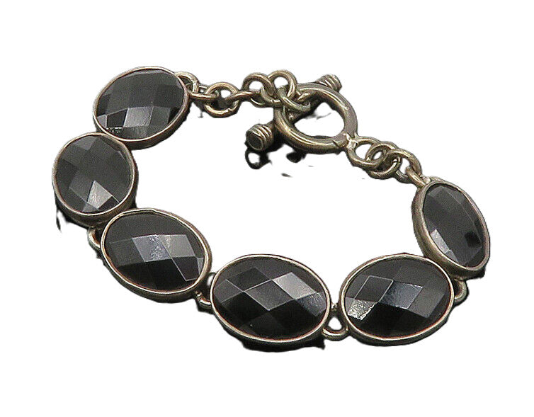 JRI MEXICO 925 Silver   Vintage Faceted Black Hematite Chain Bracelet  BT7202