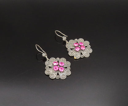 925 Silver  Vintage Beaded Pretzel Twist Tourmaline Floral Earrings  EG11928