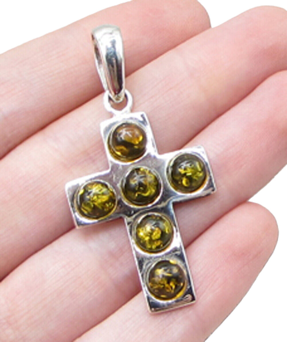 925 Sterling Silver  Cabochon Cut Amber Religious Cross Drop Pendant  PT1426