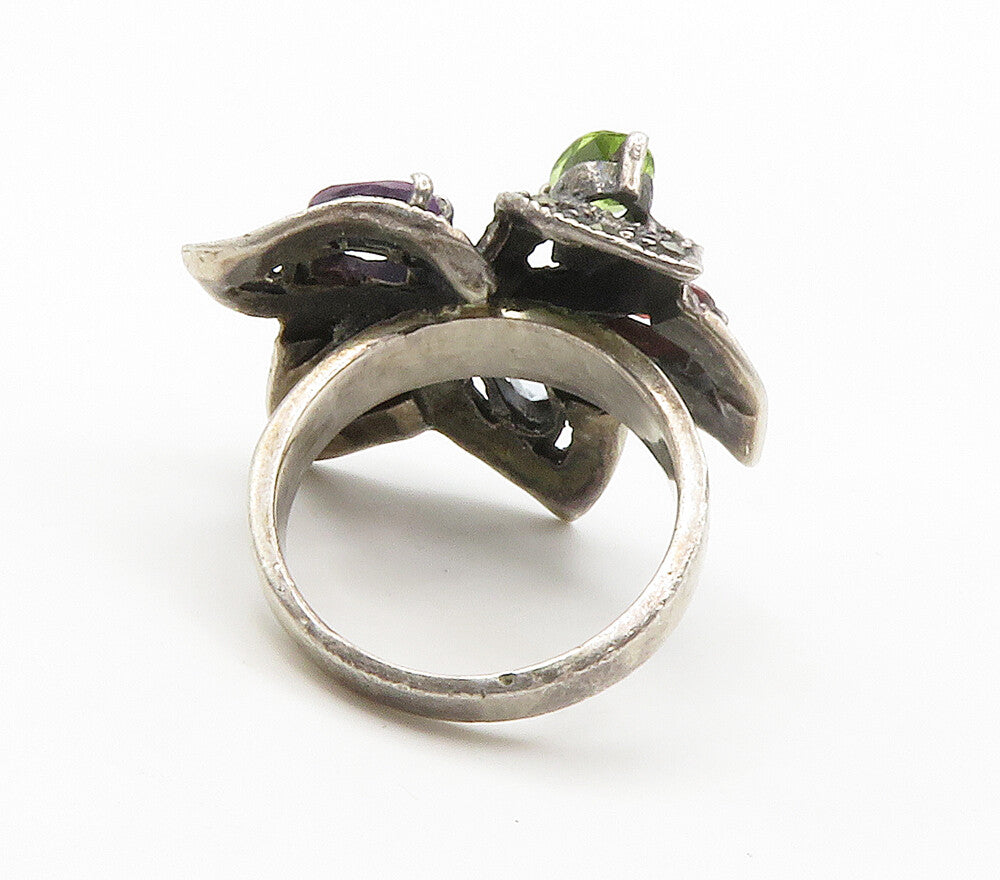 925 Silver Vintage Amethyst & Multi Stone Flower Cocktail Ring Sz 6 RG15121