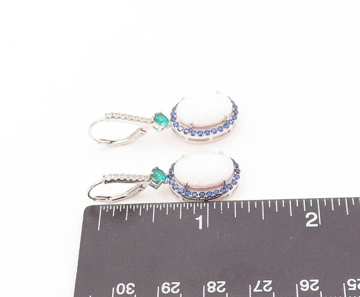 925 Sterling Silver Vintage Earrings Oval Opal Halo Sapphire 2 Tone CZ  EG13405