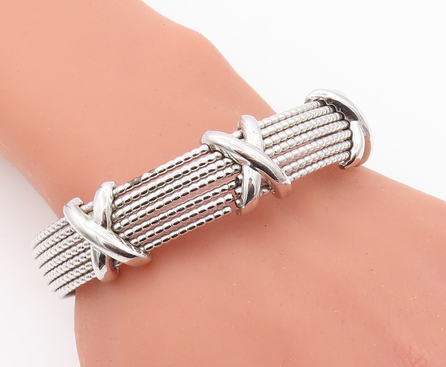 925 Sterling Silver Vintage Bracelet Beaded Bands carved X Cuff  BT10789