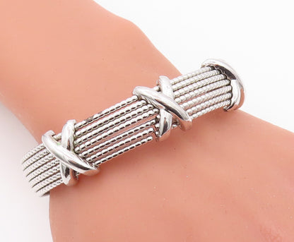 925 Sterling Silver Vintage Bracelet Beaded Bands carved X Cuff  BT10789