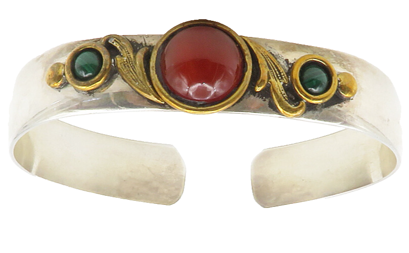 LOUIS BOOTH 925 Silver  Vintage Carnelian & Malachite Cuff Bracelet BT4681