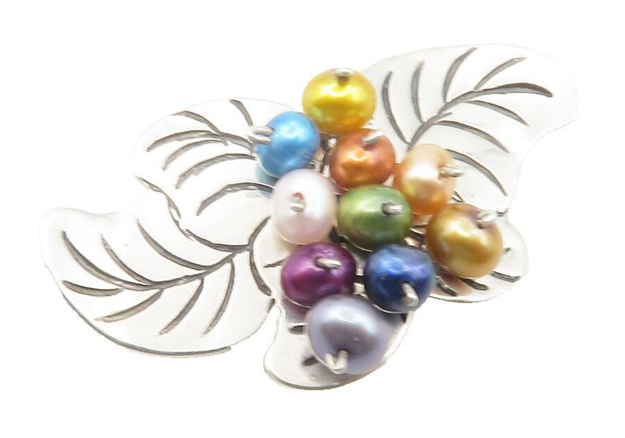 925 Sterling Silver Multi Color Pearl Beads Floral Leaf Slide Pendant PT9682