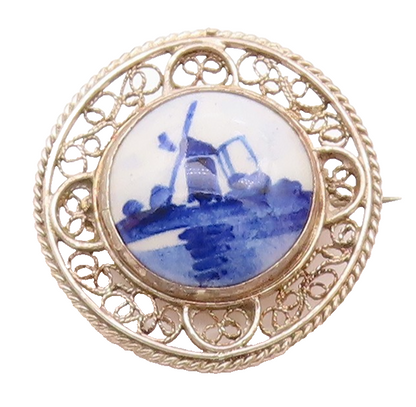 925 Sterling Silver  Vintage Enamel Windmill Scene Swirl Brooch Pin  BP8942