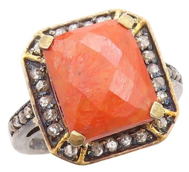 925 Sterling Silver Vintage Ring Square Orange Gemstone & Diamonds Sz 7  RG30180