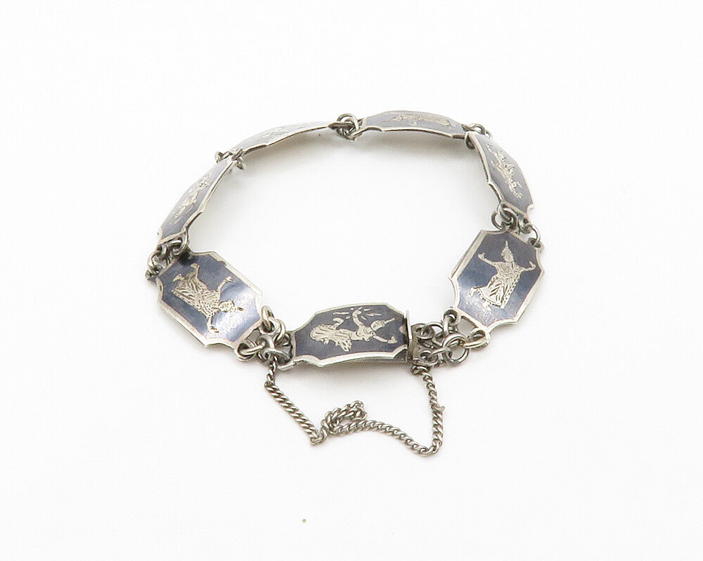 SIAM 925 Sterling Silver  Vintage Enamel Niello Dancer Chain Bracelet  BT4992