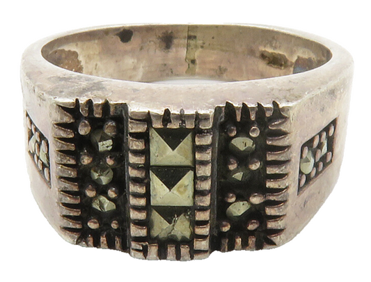 925 Sterling Silver  Vintage Marcasite Dark Tone Dome Band Ring Sz 7  RG14304