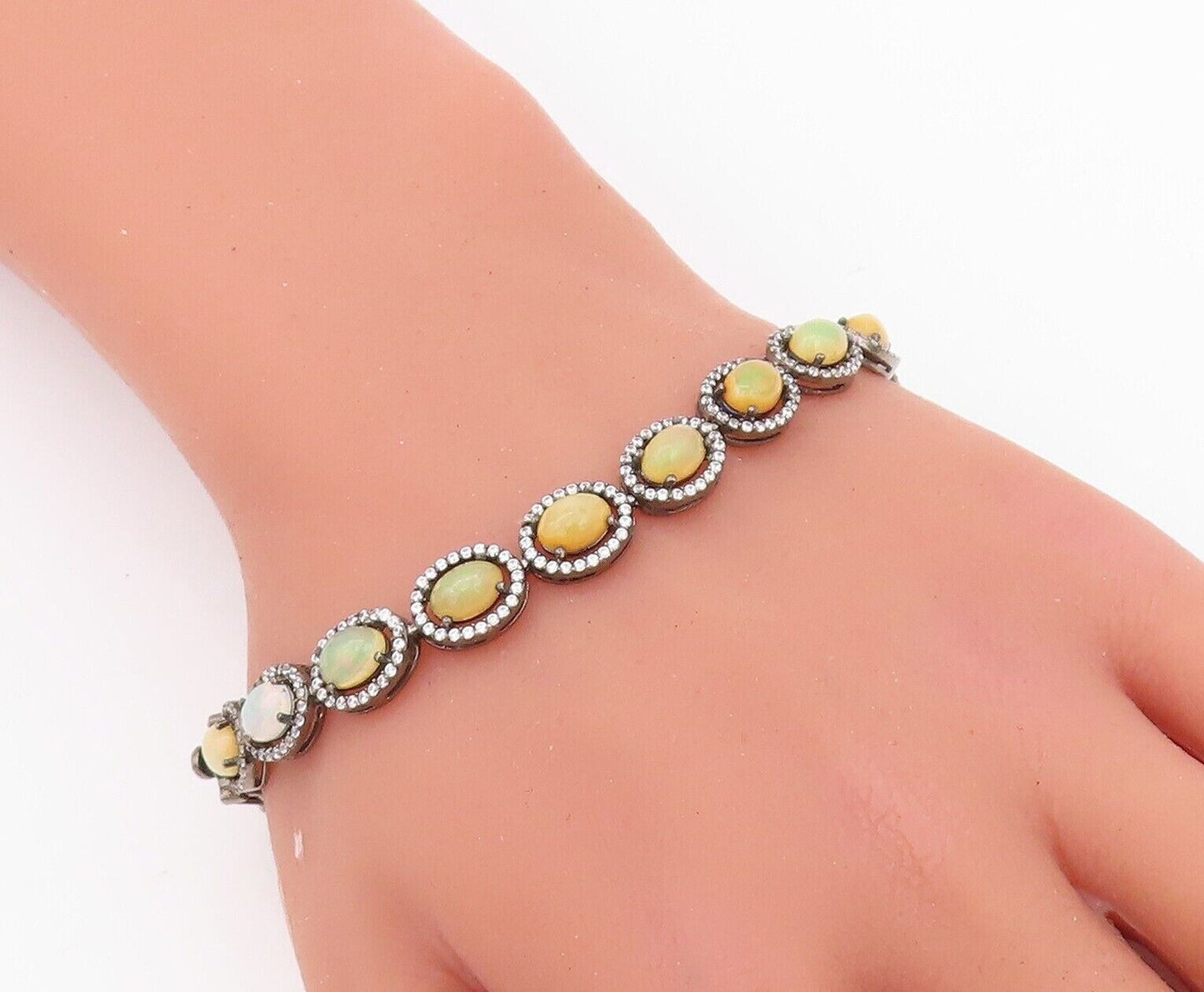925 Sterling Silver Vintage Bracelet Oval Cut Fire Opal Halo CZ Rings  BT10758