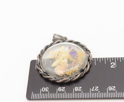 925 Sterling Silver Vintage Pendant EUROPE Antique Carved Dried Flowers  PT22494