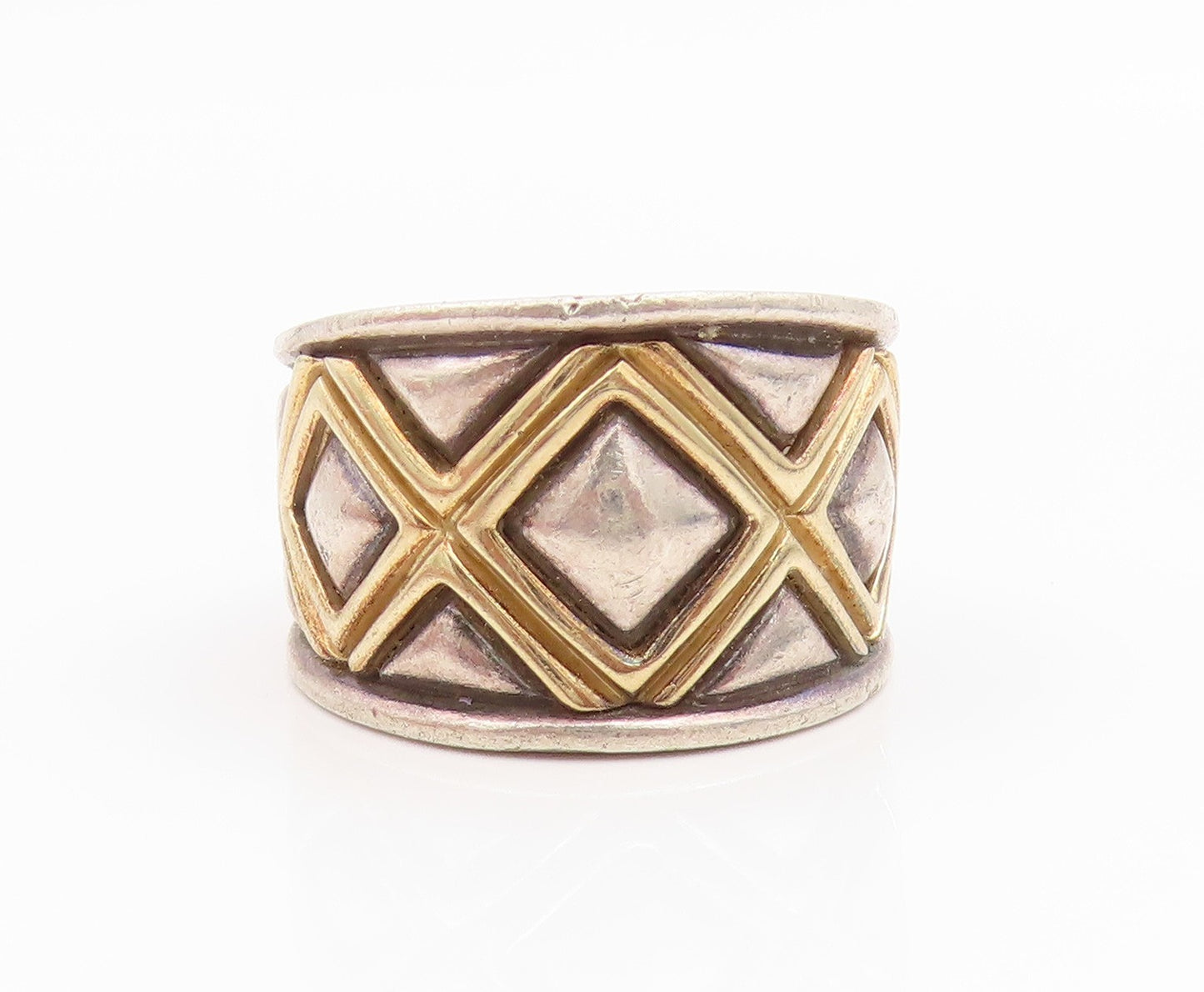 14k Gold & 925 Sterling Silver Vintage Ring Geometric Quilt Band Sz 6.5 RG35793