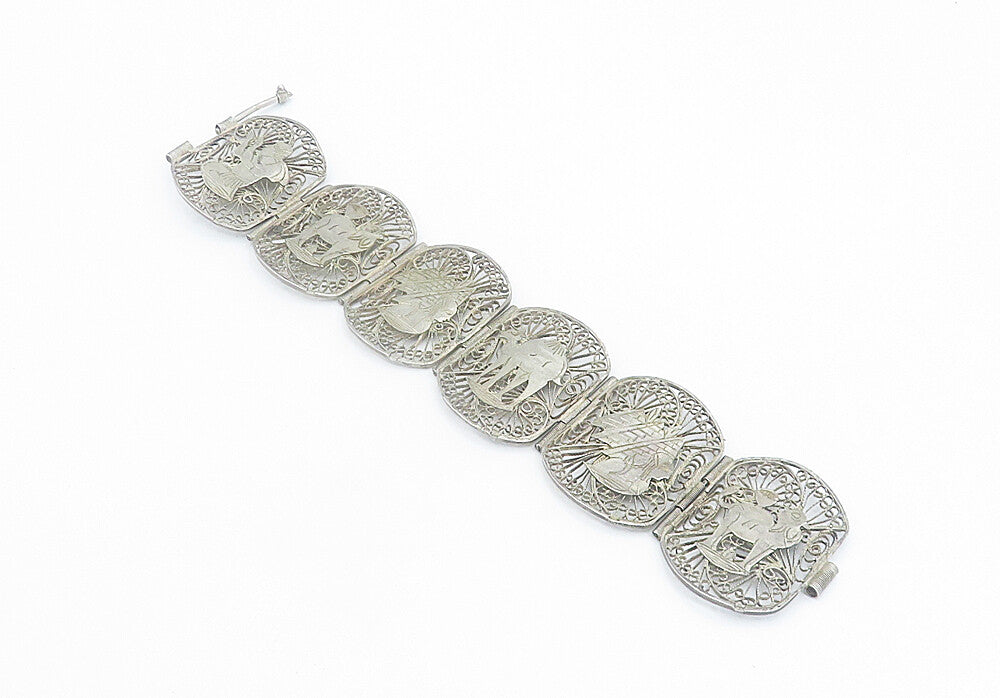 925 Sterling Silver Vintage Antique Filigree Panel Chain Bracelet BT3374