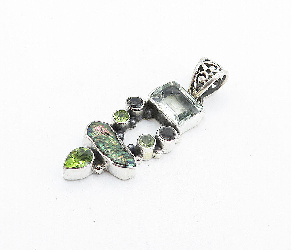 925 Sterling Silver  Vintage Abalone Peridot & Smoky Topaz Pendant  PT4583