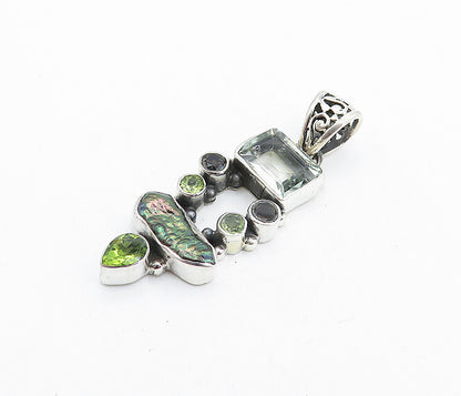 925 Sterling Silver  Vintage Abalone Peridot & Smoky Topaz Pendant  PT4583