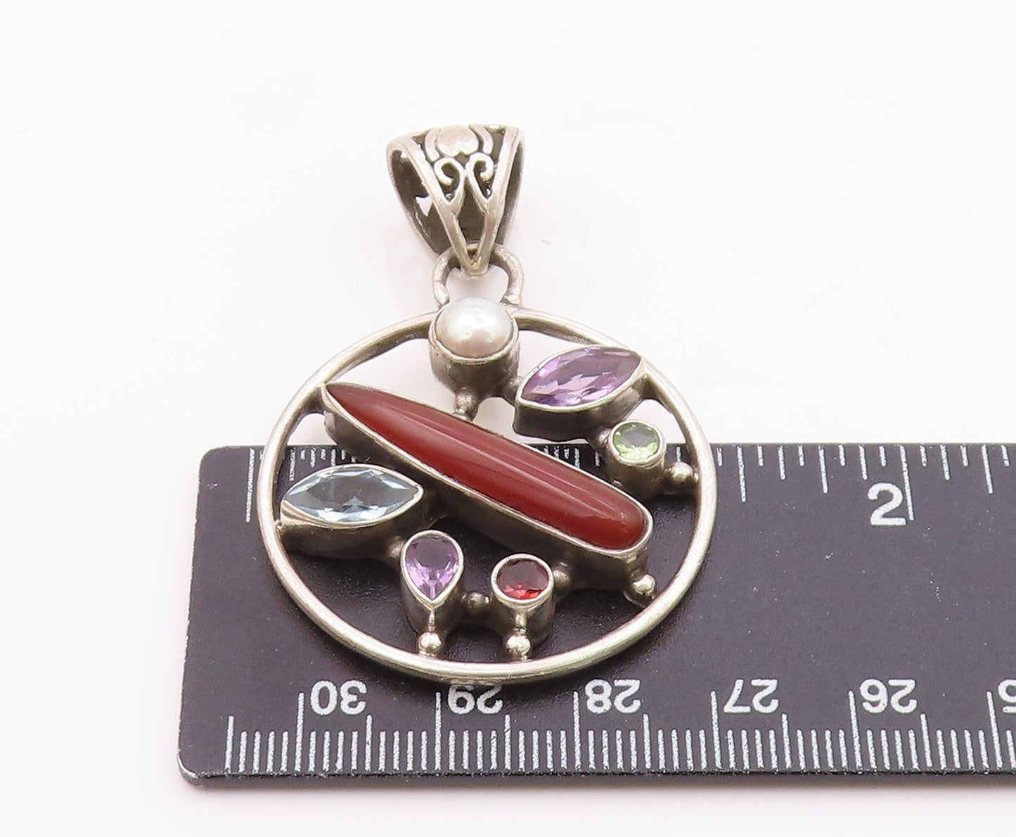 925 Silver Vintage Pearl Carnelian Amethyst & Multi Stone Pendant PT15285
