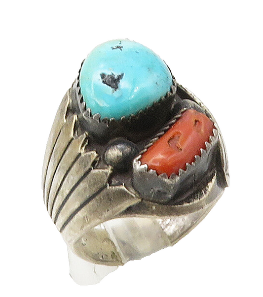 NAVAJO 925 Sterling Silver  Vintage Turquoise & Coral Band Ring Sz 9  RG16843