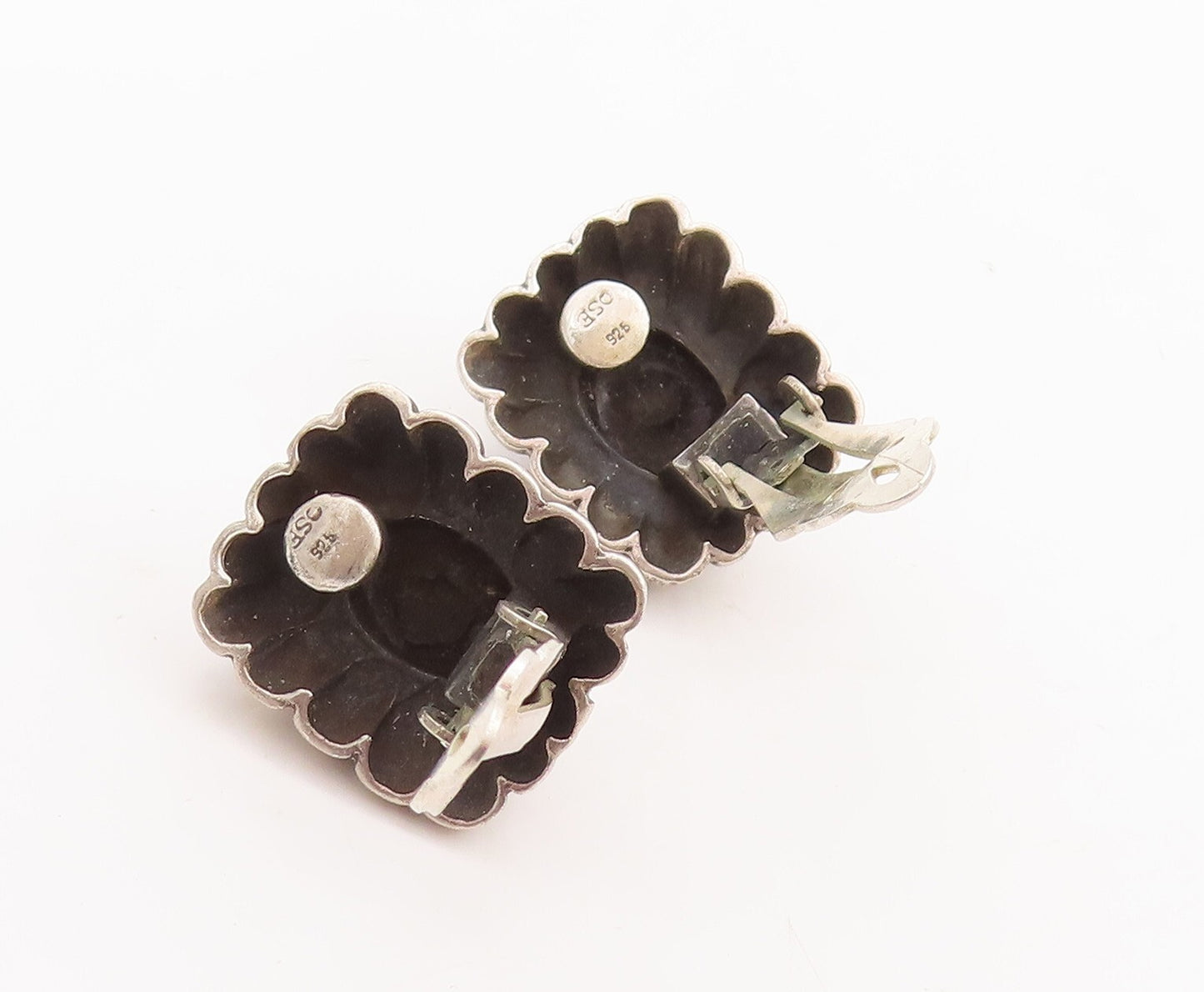 925 Sterling Silver Vintage Earrings Oval Shape Onyx Halo Grooved Design EG13108