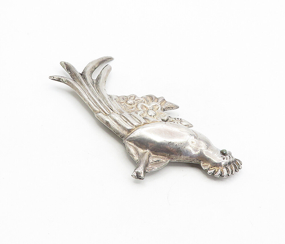 MEXICO 925 Sterling Silver  Vintage Turquoise Long Tail Bird Brooch Pin BP3150