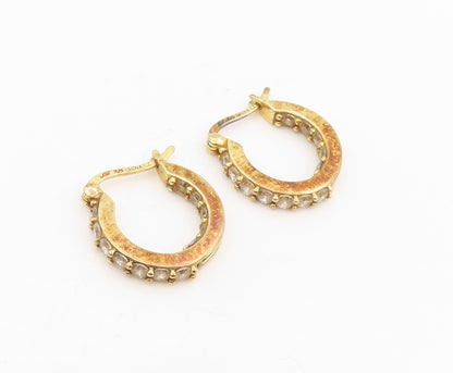 925 Sterling Silver Vintage Earrings Gold Plated Round CZ Huggie Hoops  EG13968