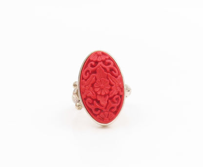 925 Sterling Silver Vintage Ring SAJEN Carved Red Floral Band  Sz 7.5  RG34641