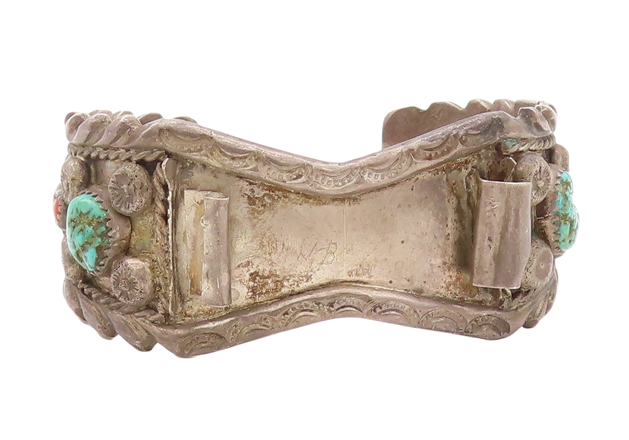 925 Sterling Silver Vintage Watch Cuff NAVAJO ZUNI Carved Turquoise  TR3820