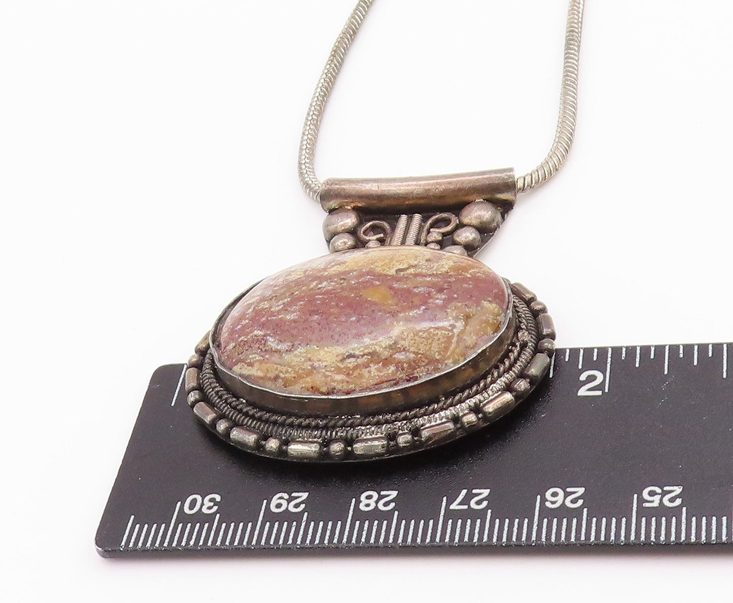 925 Sterling Silver Vintage Necklace Antique Beaded Oval Gemstone NE4590