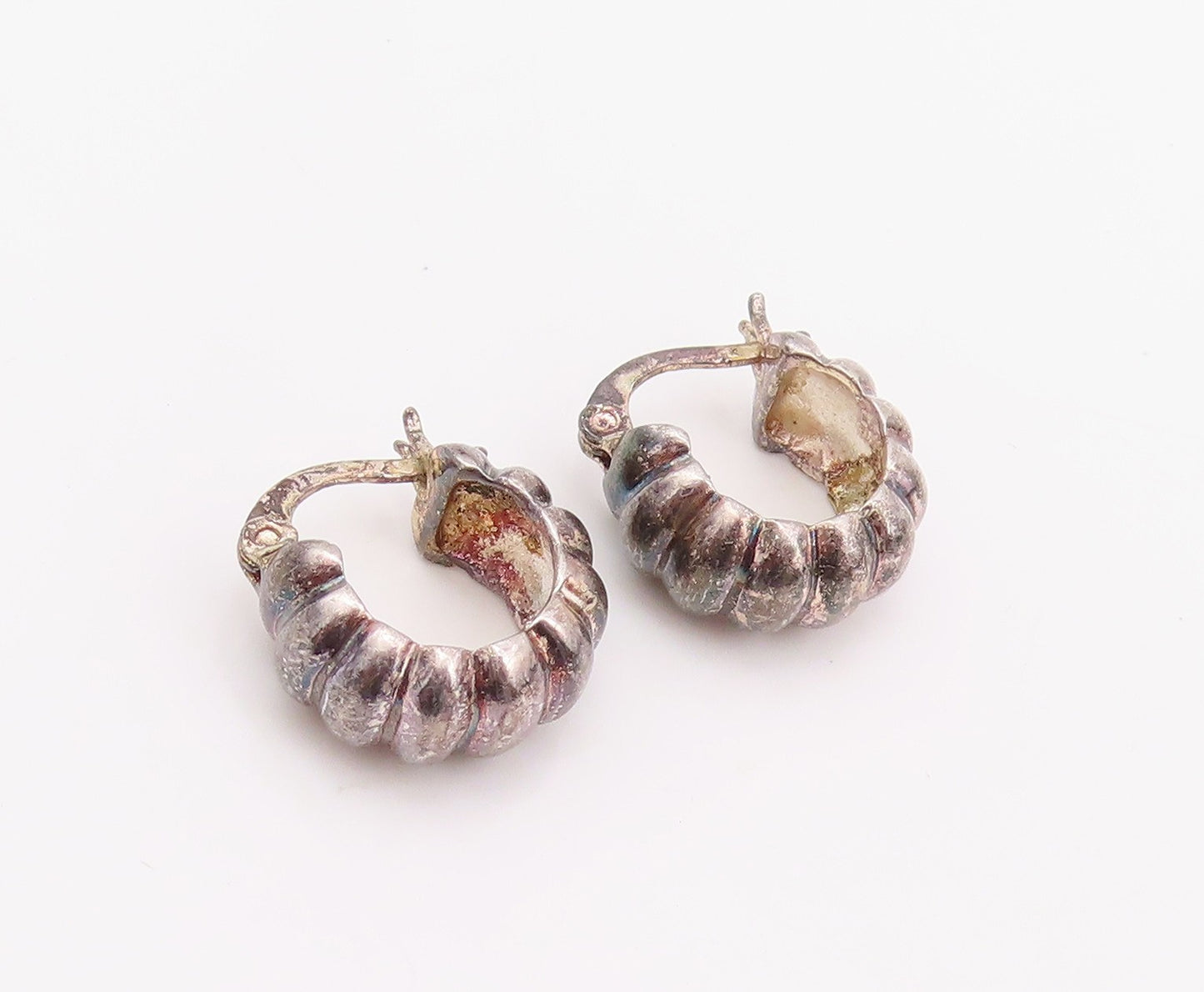 925 Sterling Silver Vintage Earrings Dark Tone Grooved Mini Hoops  EG13650