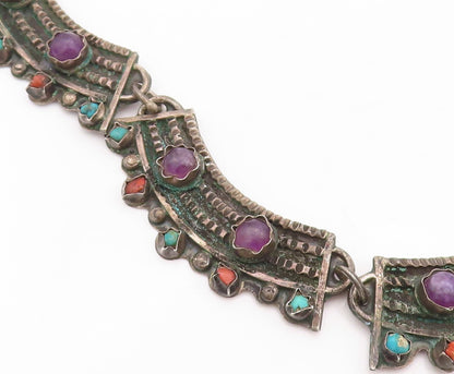 925 Sterling Silver Vintage Necklace MEXICO Real Gemstones Large Royal  NE4350