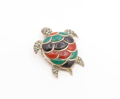 925 Sterling Silver Vintage Brooch Pin Multi Gemstone Turtle Charm  BP12276