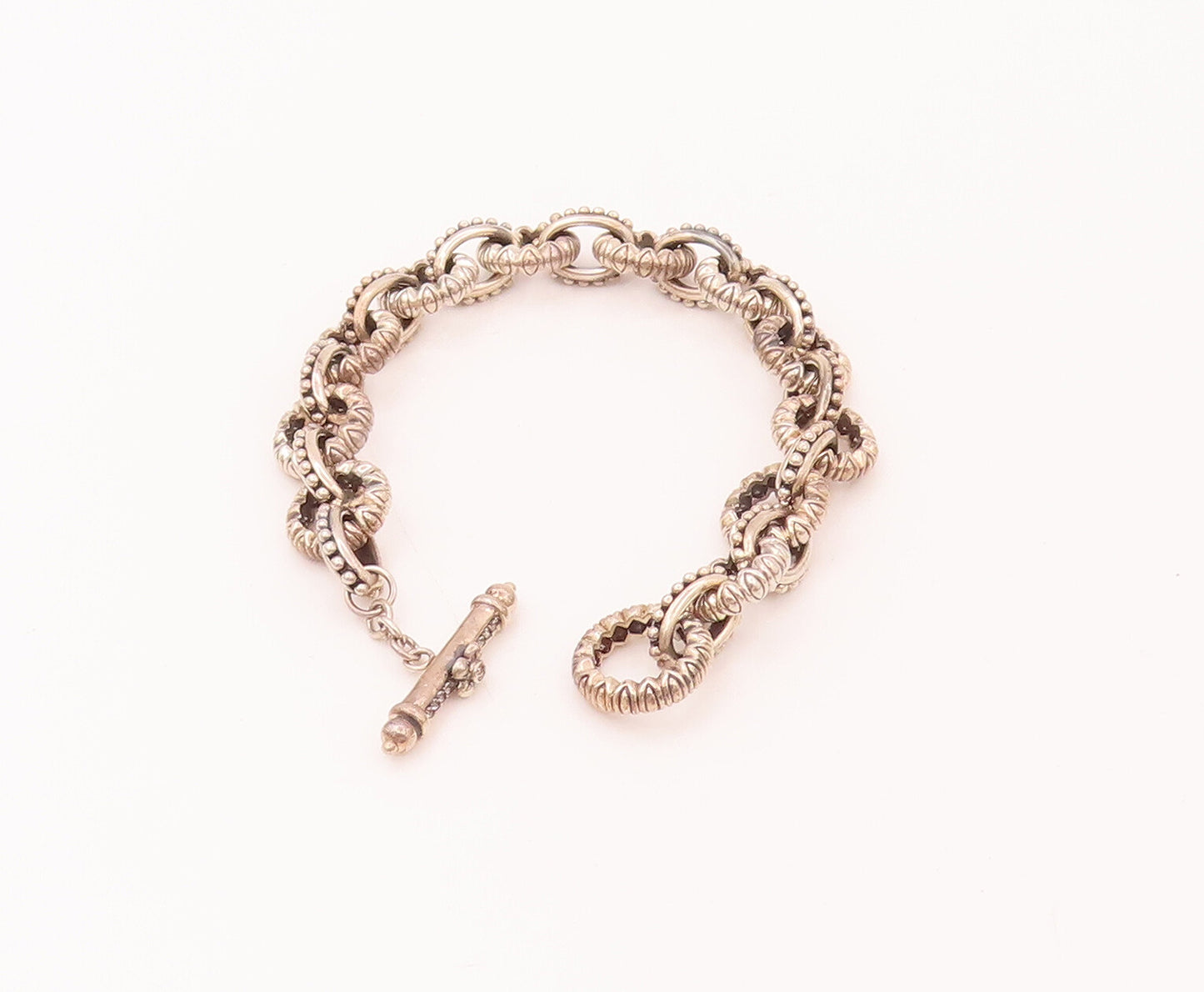 925 Sterling Silver  Vintage Beaded & Carved Interlocked Hoops Bracelet BT9923
