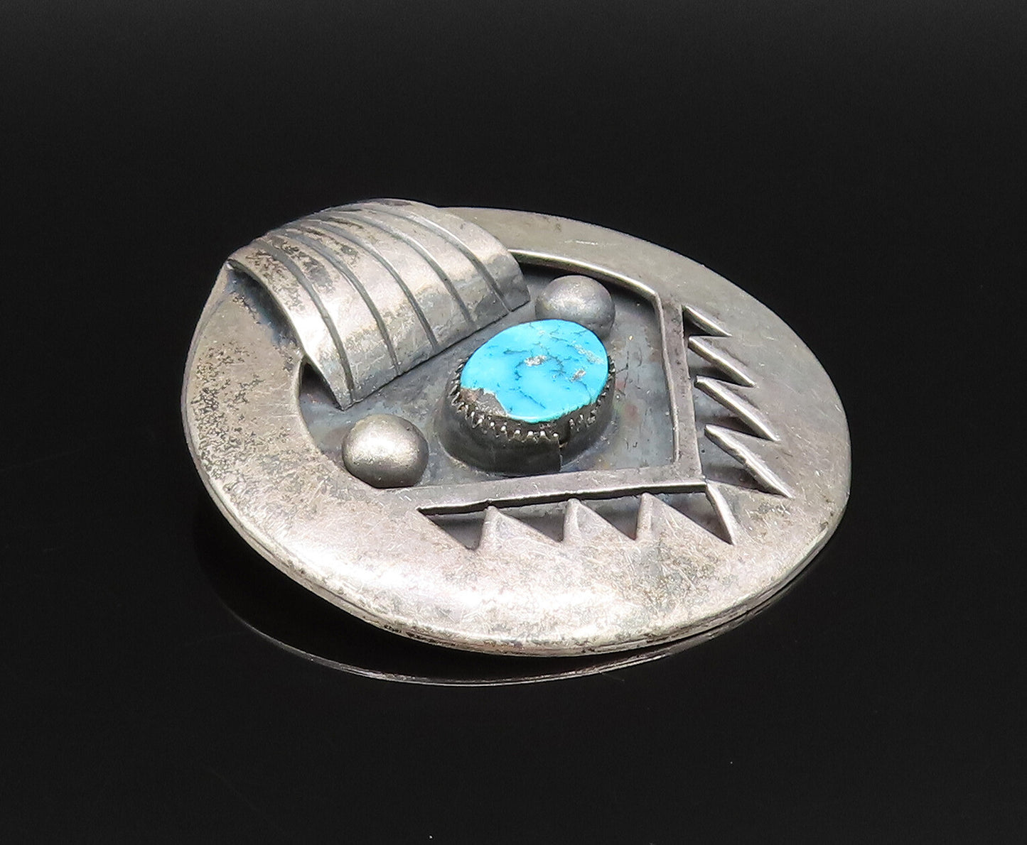 JH NAVAJO 925 Silver  Vintage Carved Paw Motif Turquoise Brooch Pin  BP9818