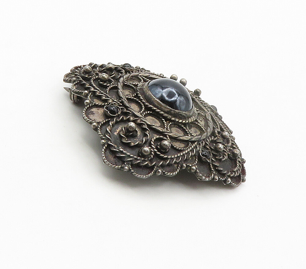 GREECE 925 Sterling Silver  Vintage Handmade Black Onyx Brooch Pin  BP5976