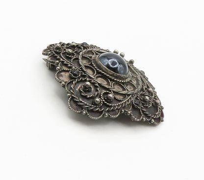 GREECE 925 Sterling Silver  Vintage Handmade Black Onyx Brooch Pin  BP5976