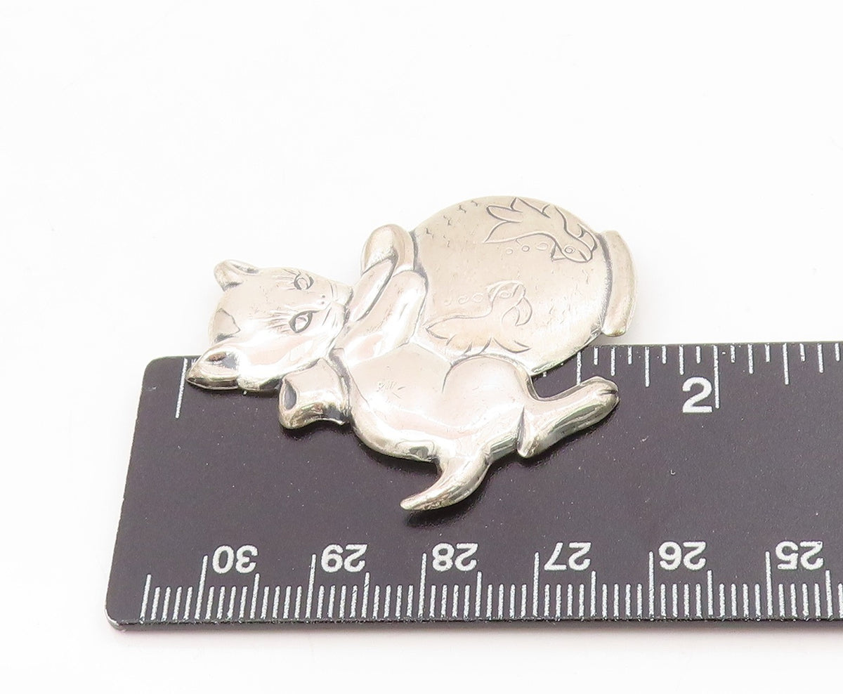 925 Sterling Silver Vintage Brooch Etched Kitten Hugging Fishbowl Pin  BP12111