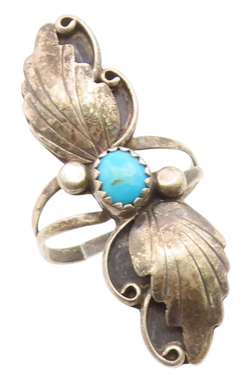 925 Sterling Silver Vintage Ring ZUNI MARY ROMERO Turquoise Leaf Sz 8.5 RG35191