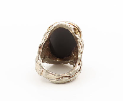 925 Silver Vintage Gold Plated Carved Swirly Lines Onyx Ring Sz 7.75  RG26824